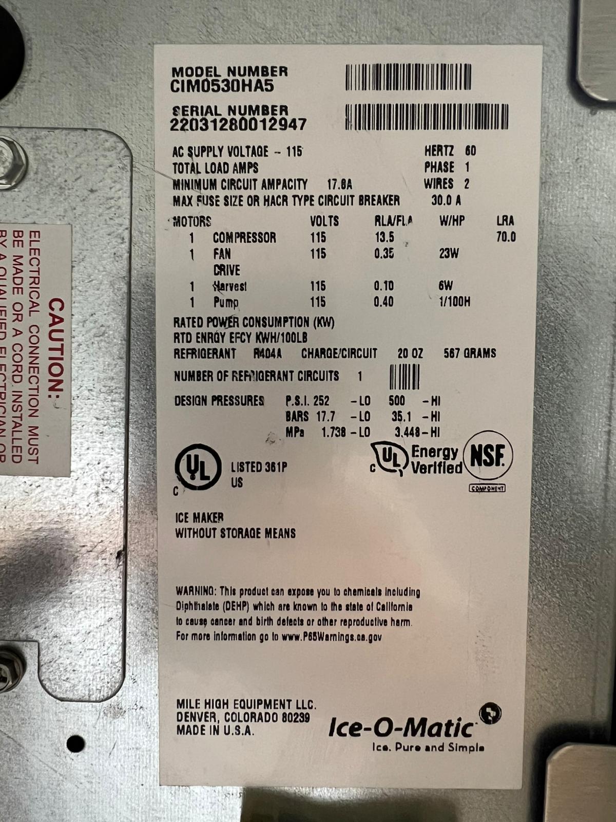 Used Ice-O-Matic CIM0530HA5 Half Dice Ice Machine 561lb with 510lb Bin 120V - 2