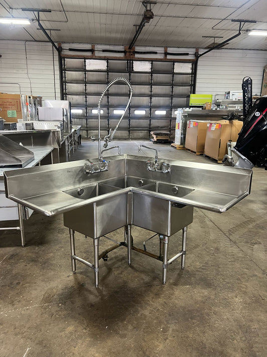 Used Stainless Steel Corner 3 Compartment Sink with Faucets and Drains