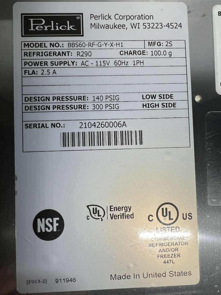 Used 60" Perlick BBS60 Stainless Steel Glass Door Back Bar Refrigerator 120V