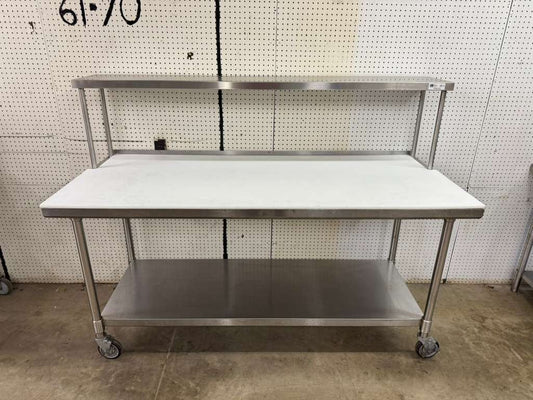 Used 72"x 30" Stainless Poly Top table with a 72"x 12" Overshelf on Casters