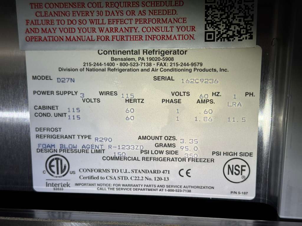 New 27" Continental D27N Designer Line Undercounter 2 Drawer Refrigerator 120V