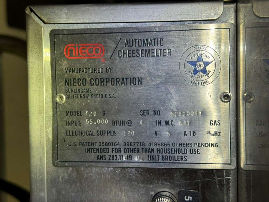 Used Nieco 820 Natural Gas Automatic Conveyor Cheese Melter 55,000 BTU