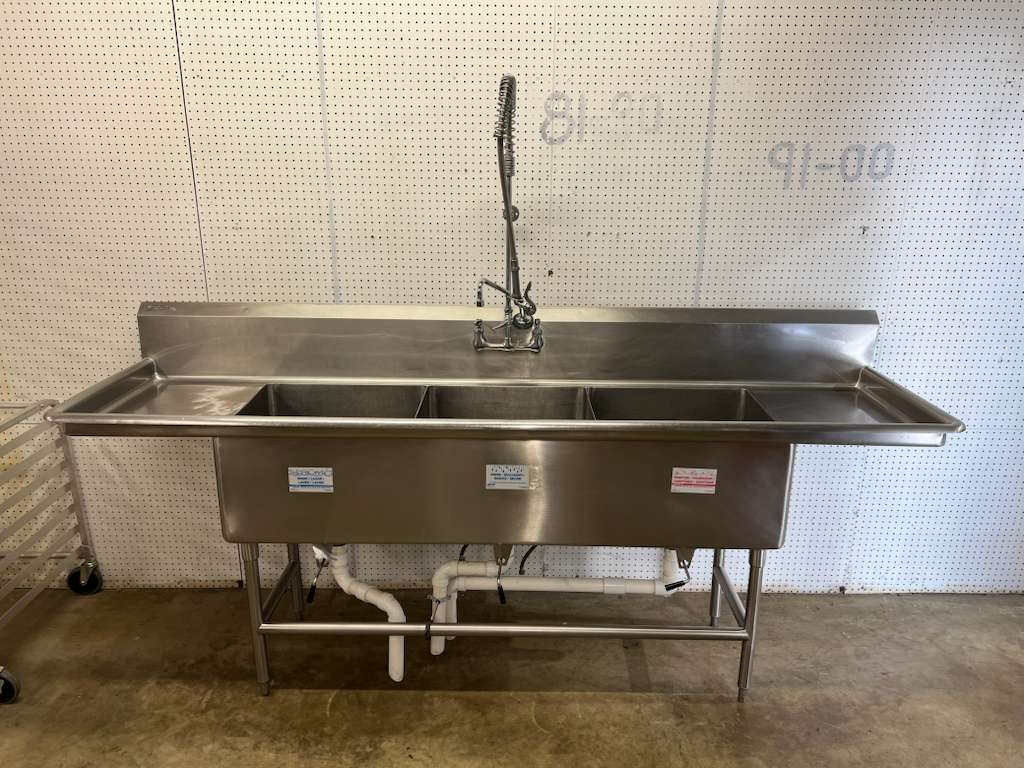 Used 102" Stainless 3 compartment Sink with Sprayer and Twist Drains - FG