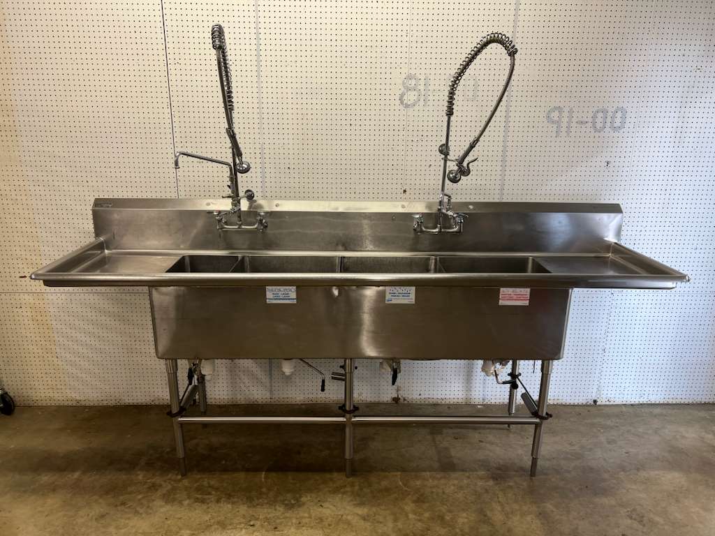 Used 108" Stainless 4 compartment Sink with 2 Sprayers and Twist Drains - FG