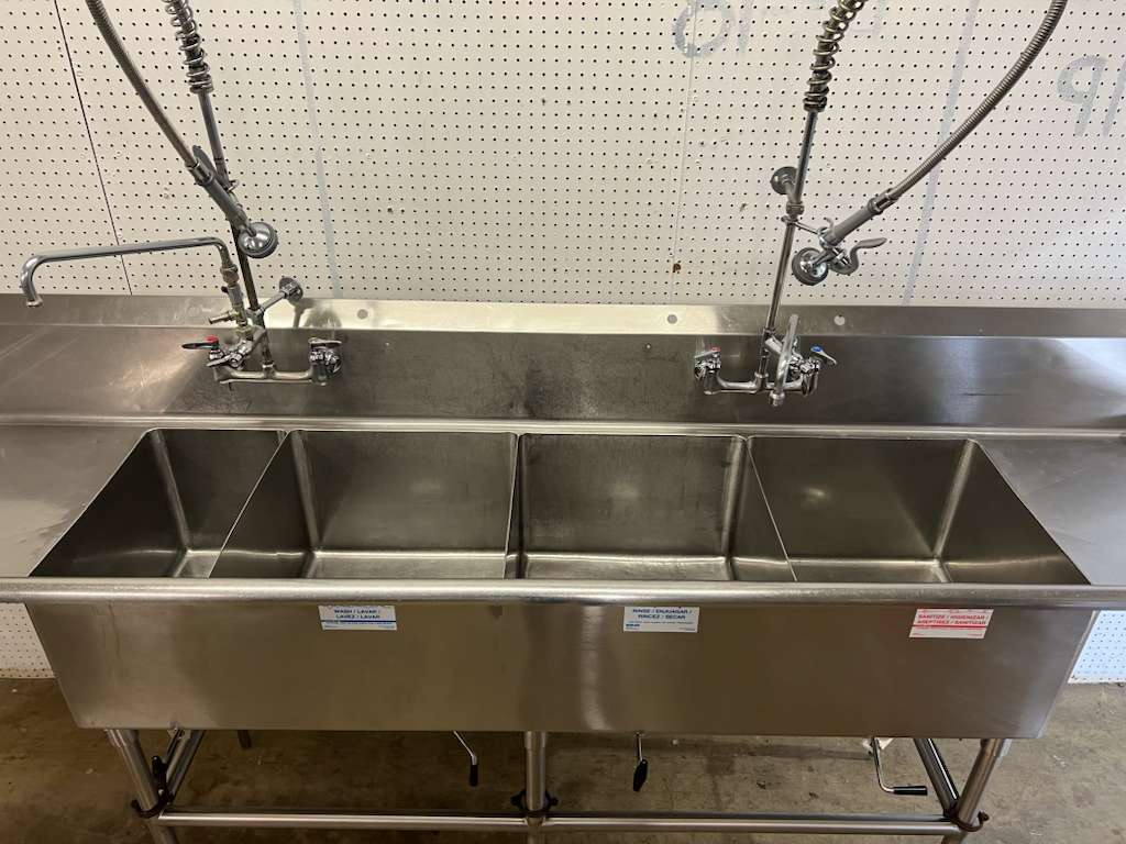 Used 108" Stainless 4 compartment Sink with 2 Sprayers and Twist Drains - FG