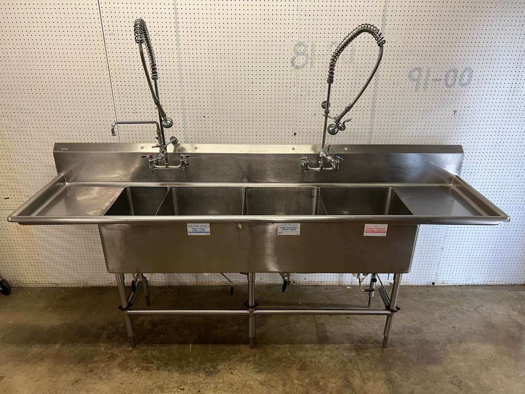 Used 108" Stainless 4 compartment Sink with 2 Sprayers and Twist Drains - FG