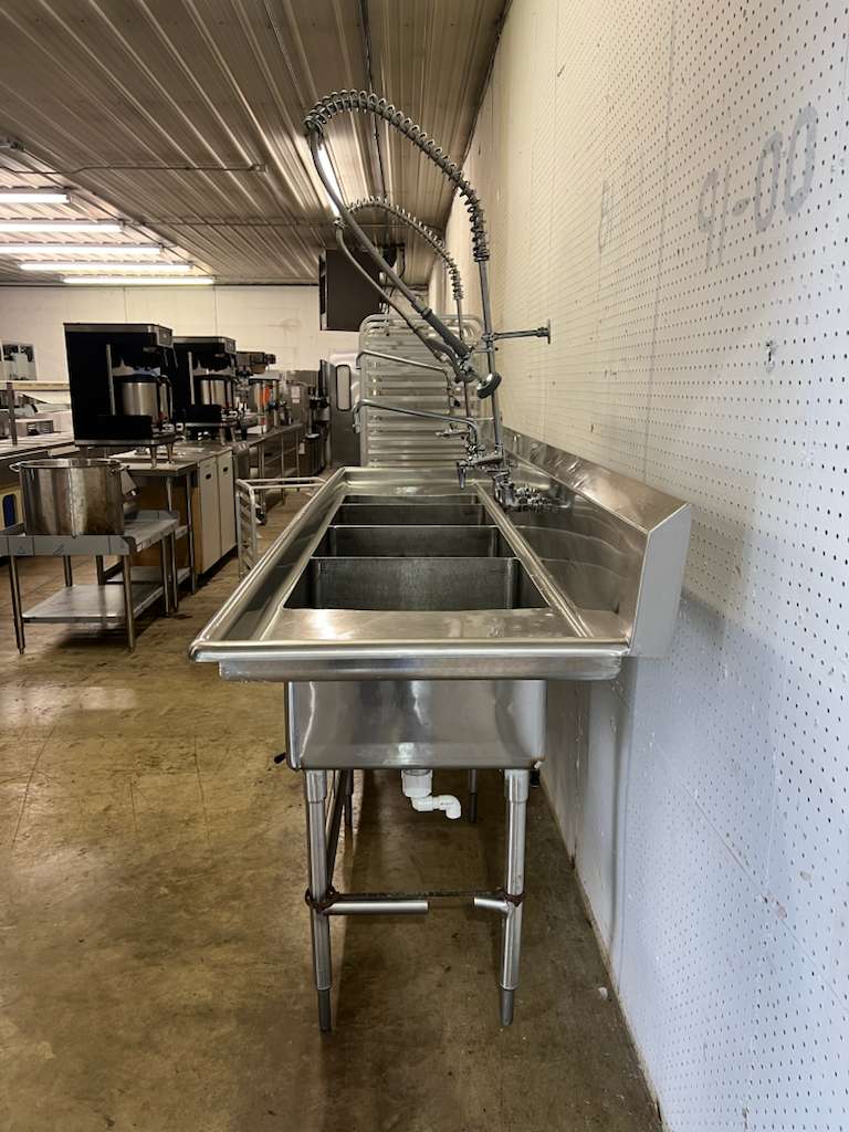 Used 108" Stainless 4 compartment Sink with 2 Sprayers and Twist Drains - FG