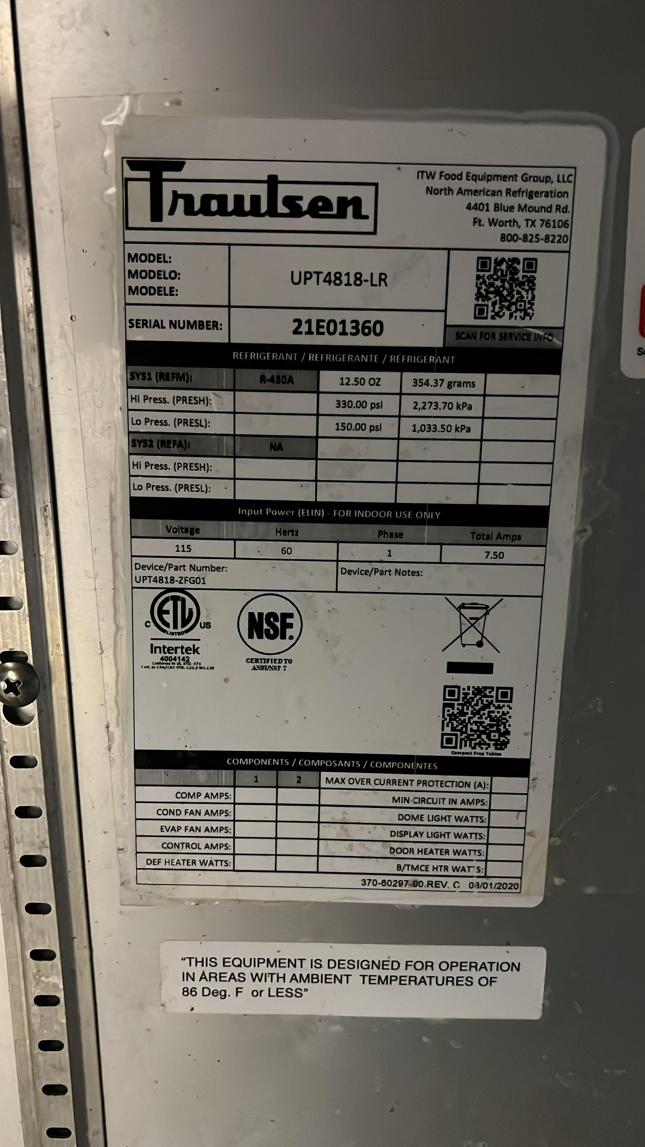 Used 48" Traulsen UPT4818-LR 2 Door Refrigerated Sandwich Prep Table - FG