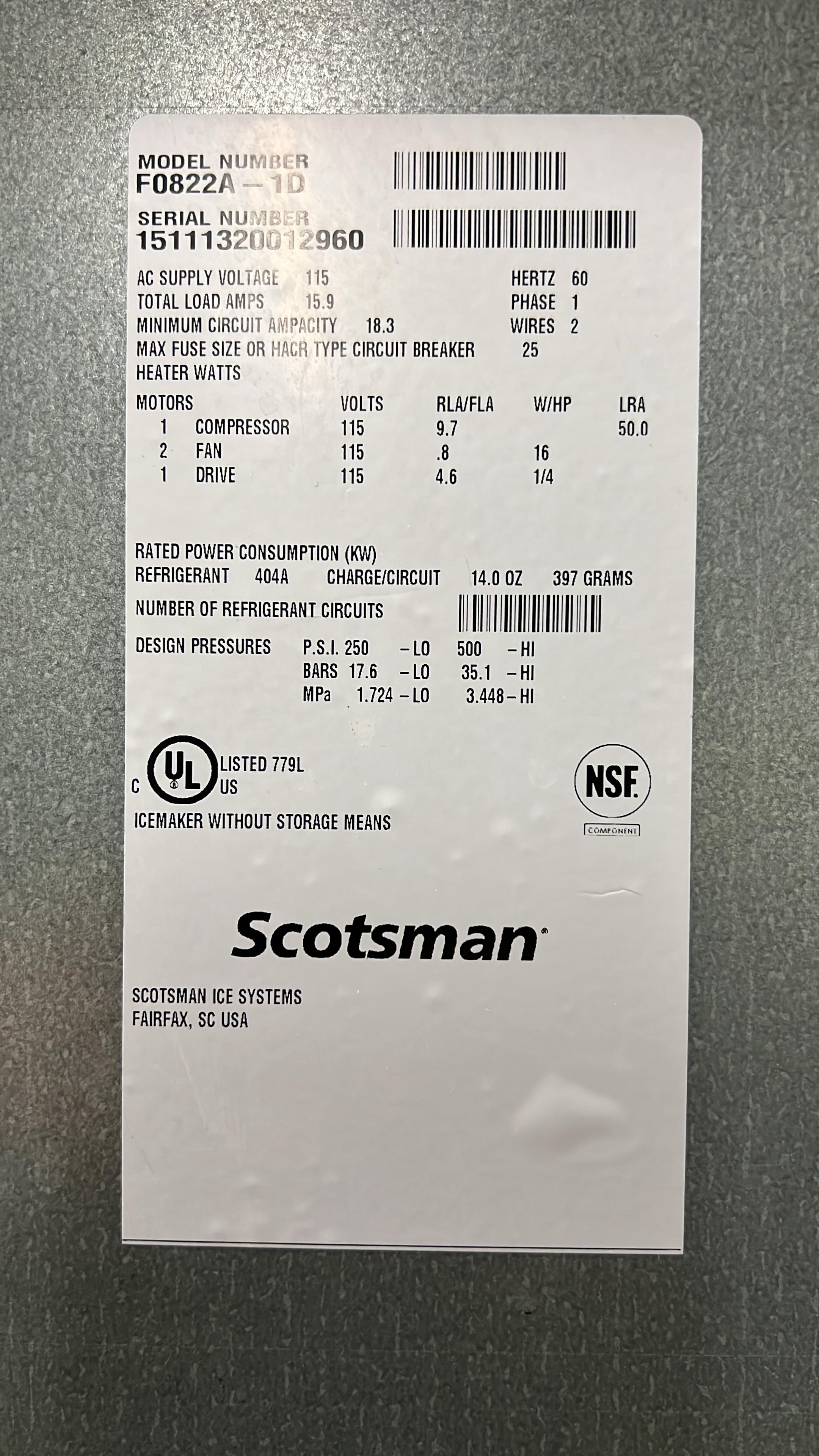 Used Scotsman F0822A-1D Air Cooled Flake Ice Machine with Bin 800lbs/24hrs - SA