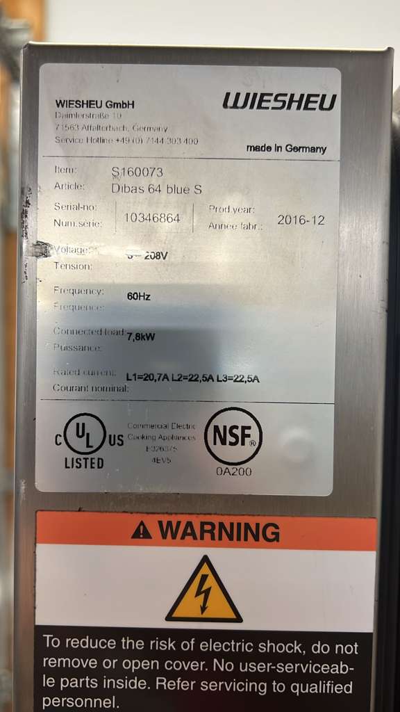 Used Wiesheu Dibas 64 S&L Blue Baking Oven with Retractable Door 208V 3PH