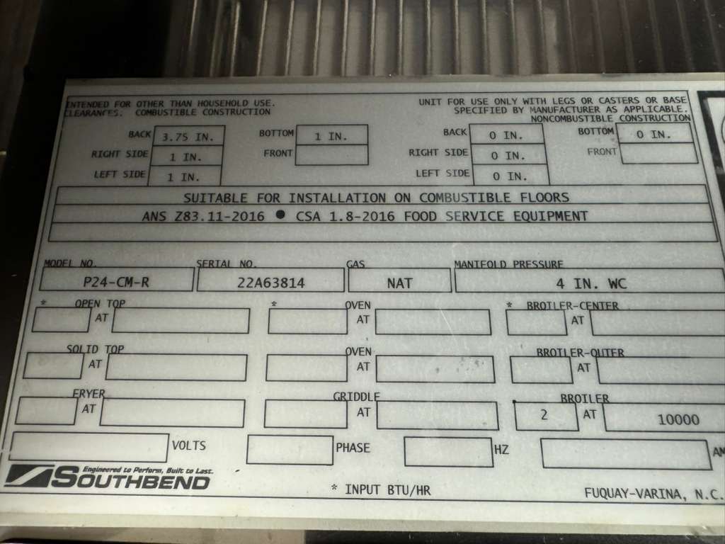 Unused 24" Southbend 4241E NG Range with a Southbend P24-CM-R NG Cheese Melter