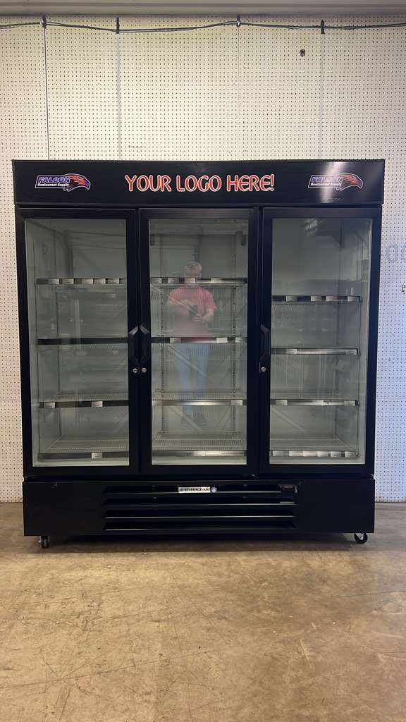 Used 2017 Beverage Air LV72HC-1-B Refrigerated Glass 3 Door Reach In Merchandiser