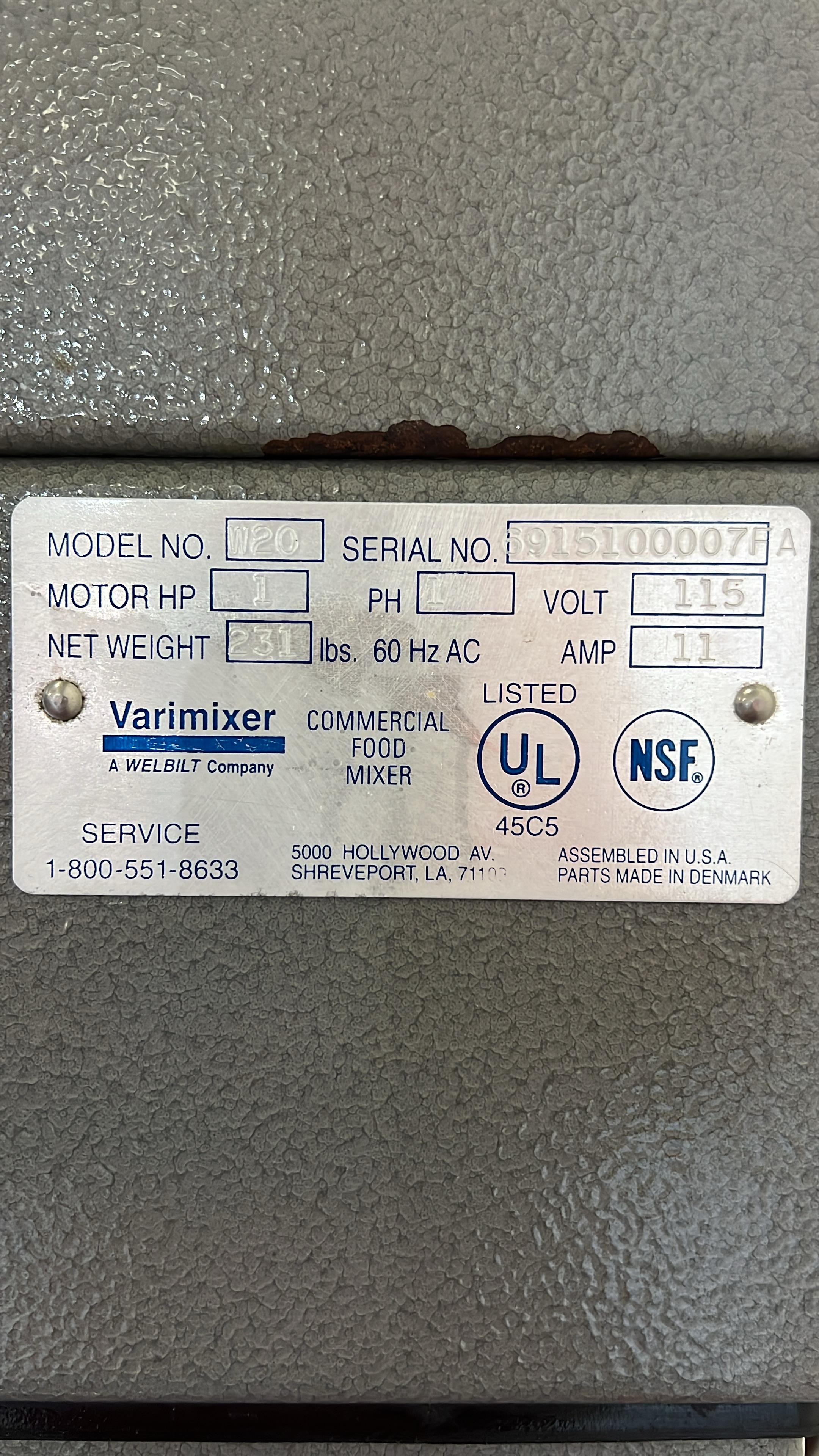 Used 20qt Varimixer W20 Planetary Variable Speed Bench Mixer 115V, 1 hp