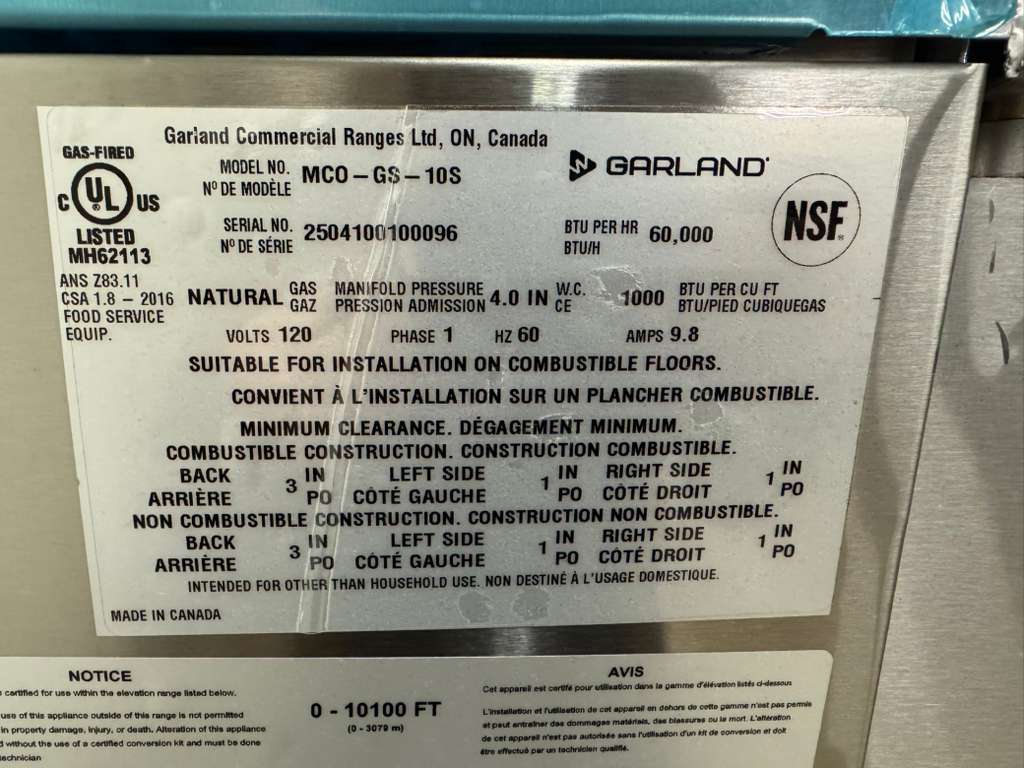 Unused Scratch/Dent Garland MCO-GS-10S NG Full Size Convection Oven