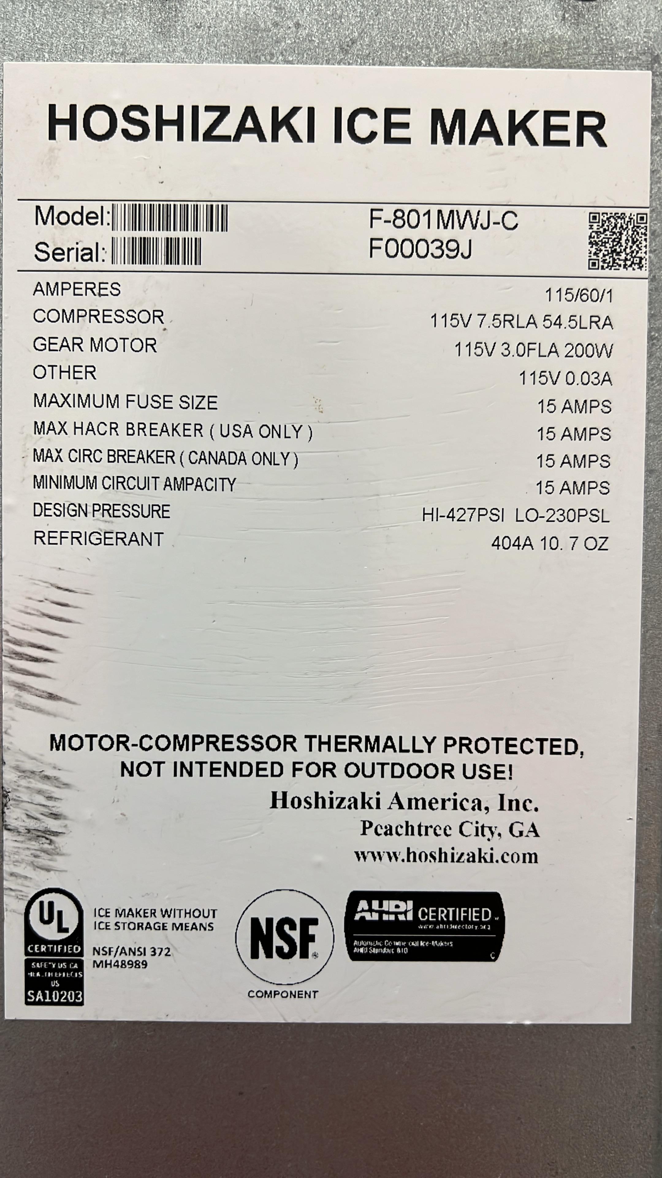 Used 22" Hoshizaki F-801MWJ-C Water Cooled Nugget Ice Machine With 300lb Bin - 115V - JJ