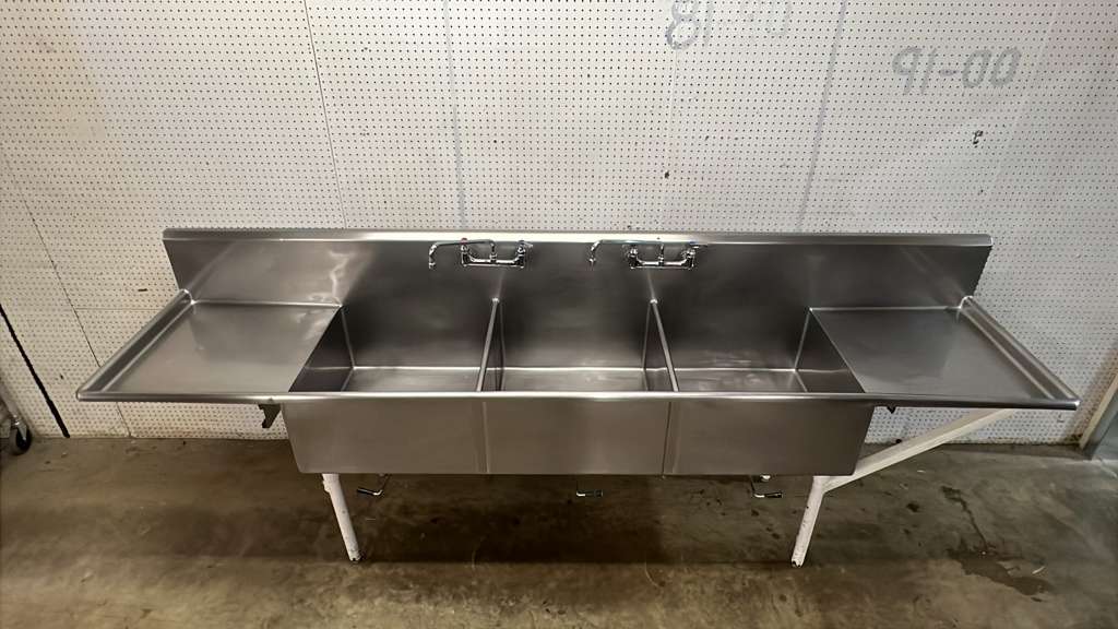 Used 120" Stainless 3 Compartment Sink with Twist Drains and Faucets - RL