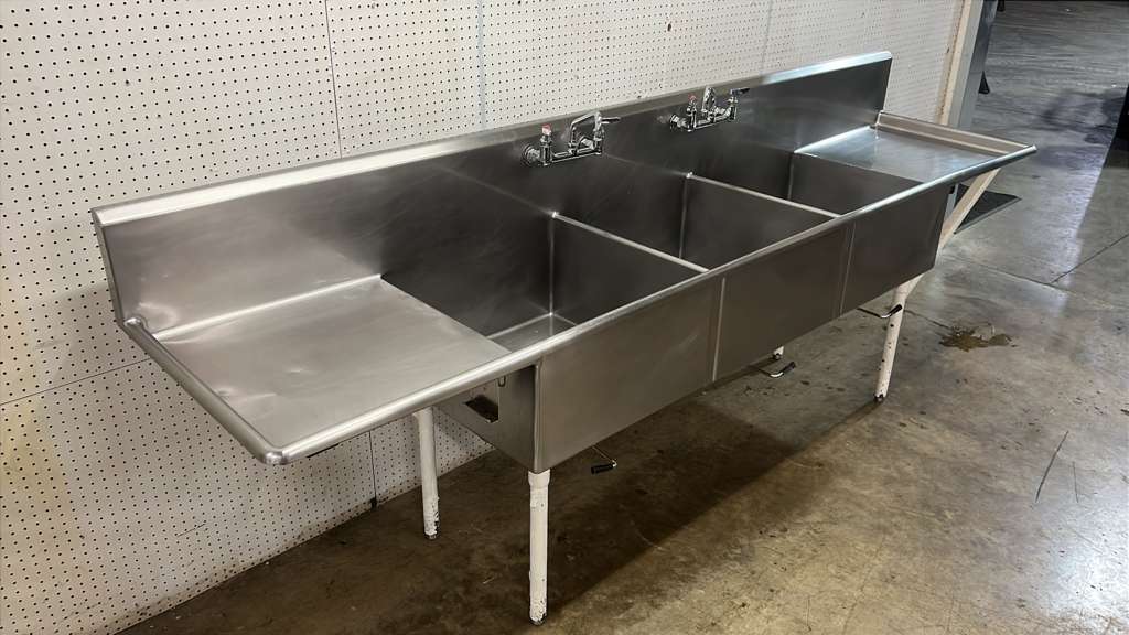 Used 120" Stainless 3 Compartment Sink with Twist Drains and Faucets - RL