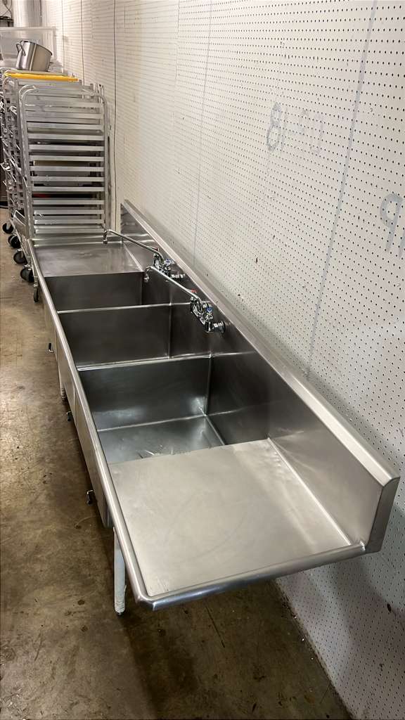 Used 120" Stainless 3 Compartment Sink with Twist Drains and Faucets - RL