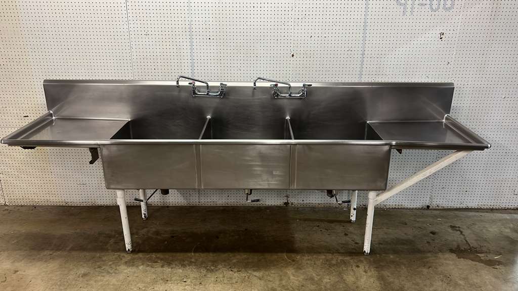 Used 120" Stainless 3 Compartment Sink with Twist Drains and Faucets - RL