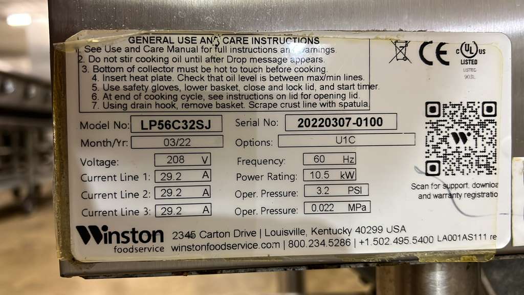 Used 2022 Winston LP56 Electric Low-Pressure Fryer with 75-lb Oil Capacity 208V 3Ph - TH