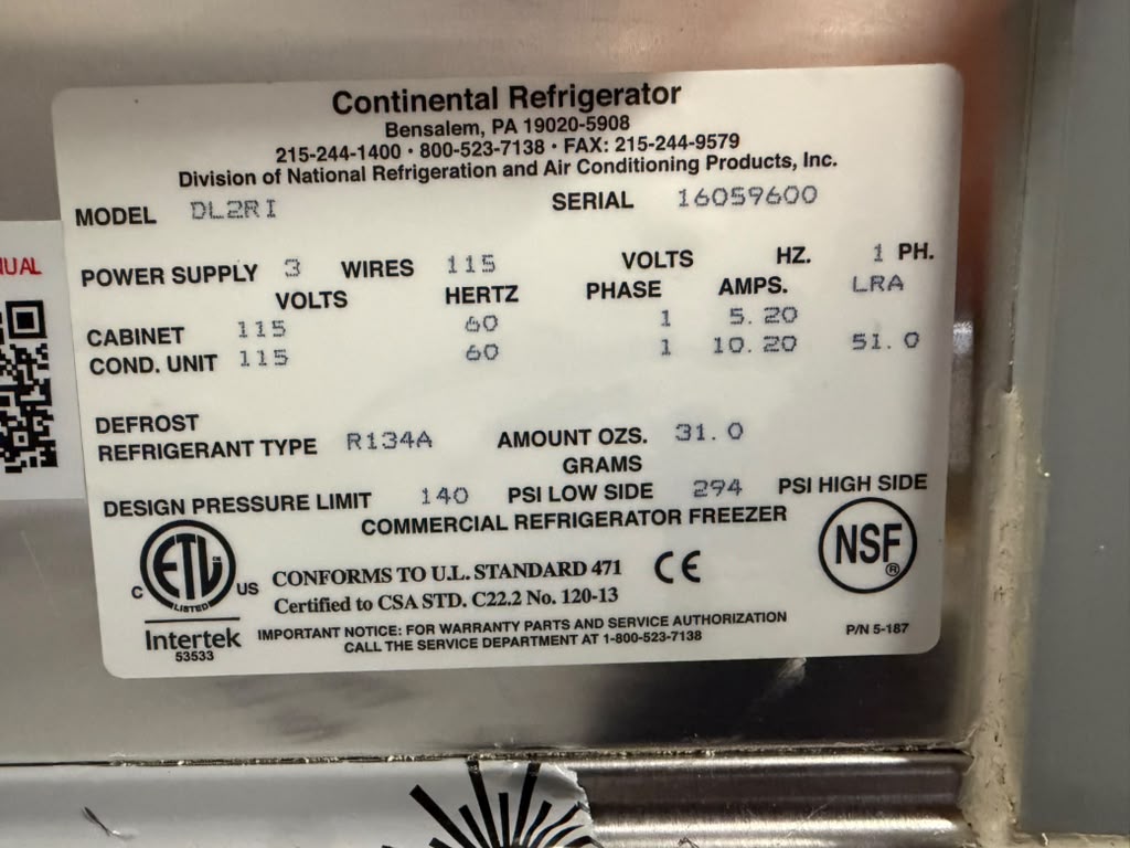 Used Continental DL2RI Stainless Steel 2 Section Roll-In Refrigerator 64 cu. ft. 115V