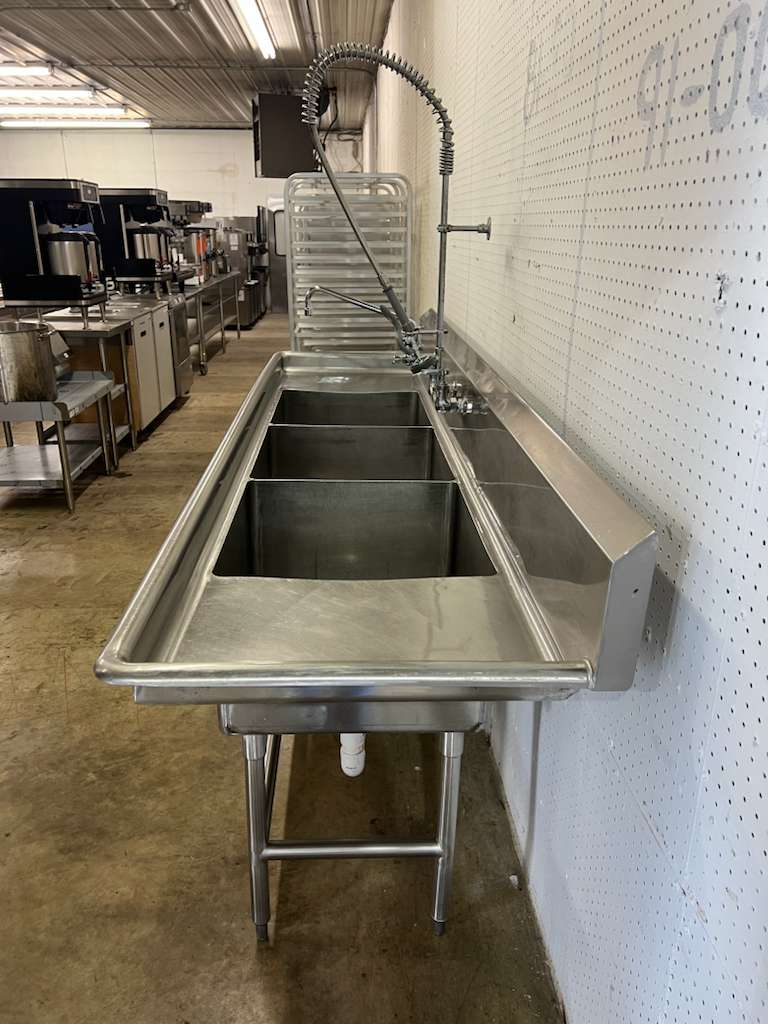Used 102" Stainless 3 compartment Sink with Sprayer and Twist Drains - FG