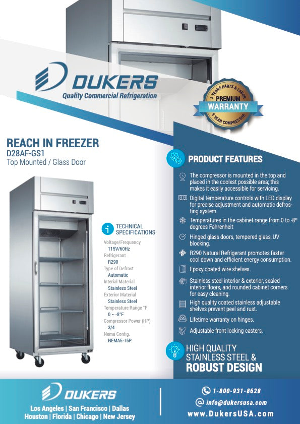 Dukers D28AF-GS1 Top Mount Single Glass Door Commercial Reach-in Freezer