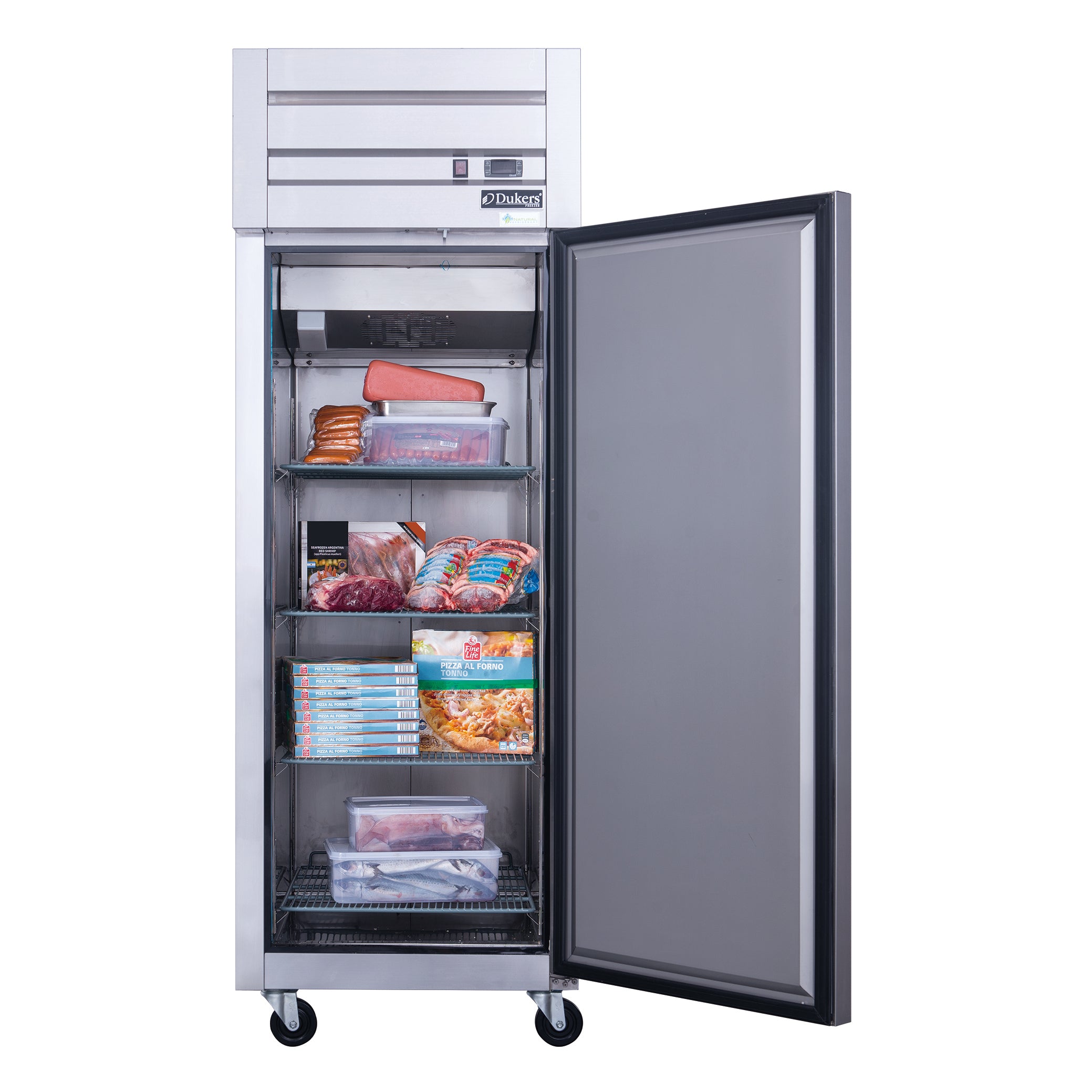 New Dukers D28AF Commercial Single Solid Door Top Mount Reach-in Freezer in Stainless Steel
