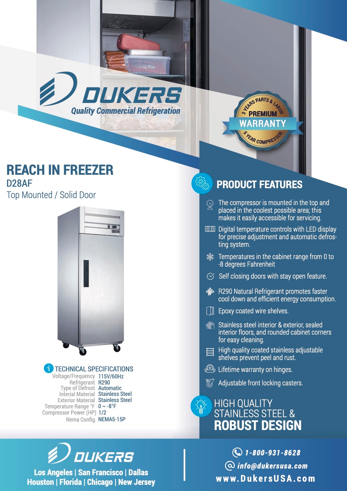 New Dukers D28AF Commercial Single Solid Door Top Mount Reach-in Freezer in Stainless Steel