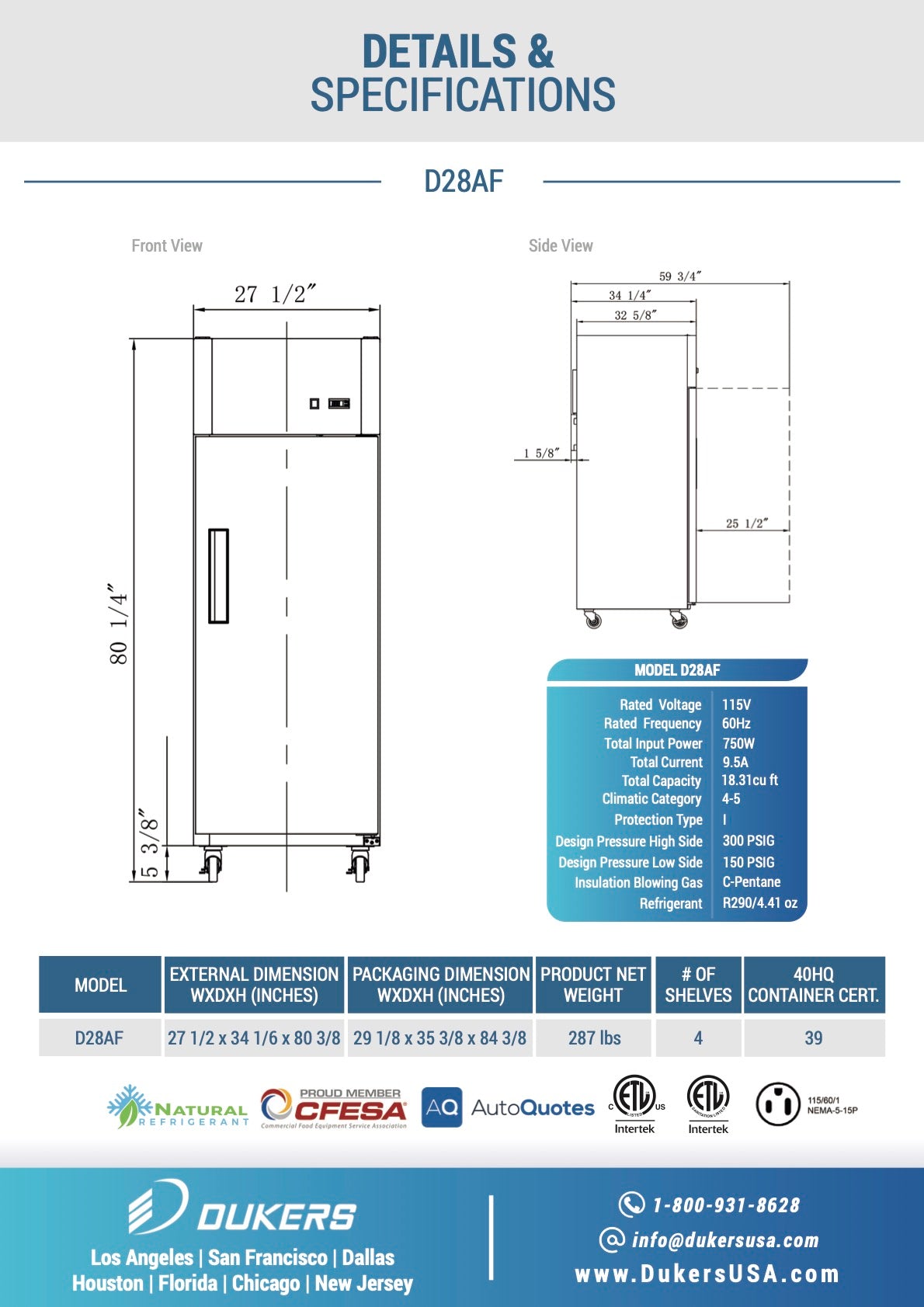 New Dukers D28AF Commercial Single Solid Door Top Mount Reach-in Freezer in Stainless Steel
