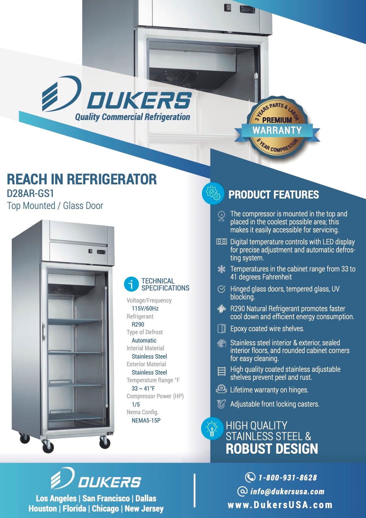 New Dukers D28AR-GS1 Top Mount Single Glass Door Commercial Reach-in Refrigerator