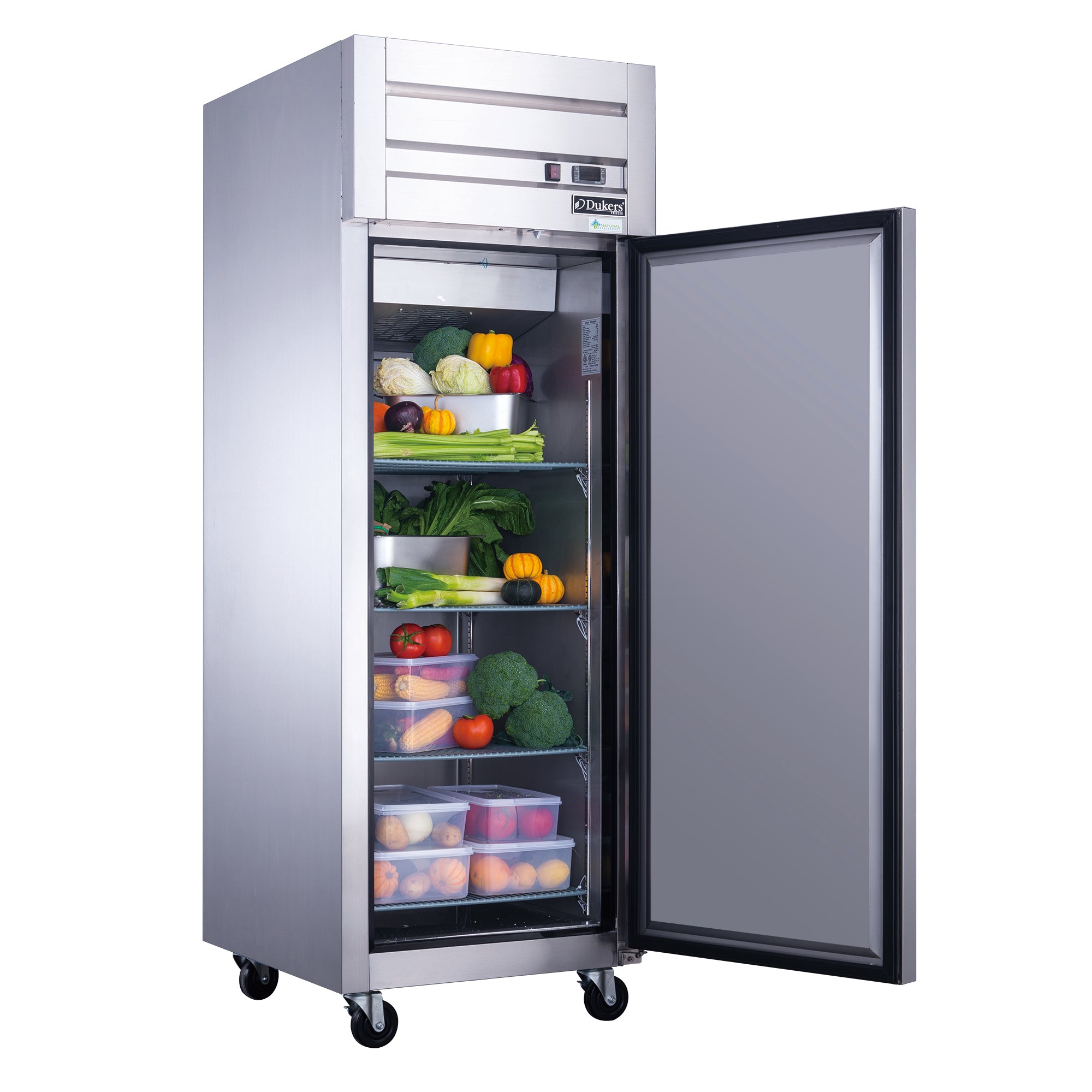 New Dukers D28AR Commercial Single Solid Door Top Mount Reach-in Refrigerator in Stainless Steel