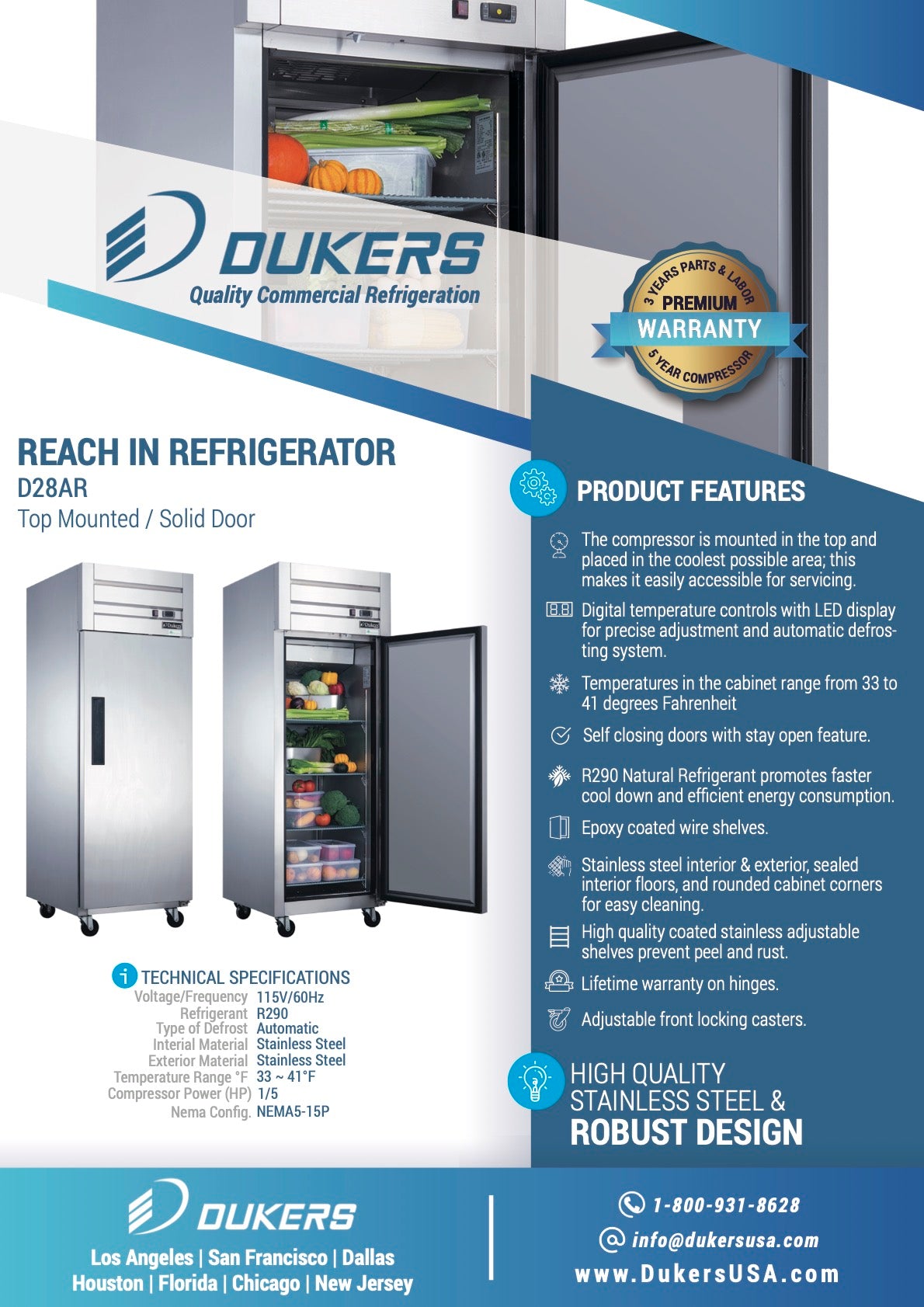 New Dukers D28AR Commercial Single Solid Door Top Mount Reach-in Refrigerator in Stainless Steel