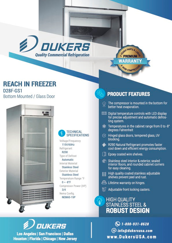 New Dukers D28F-GS1 Bottom Mount Glass Single Door Commercial Reach-in Freezer