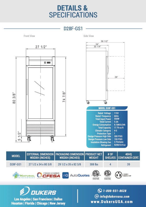 Dukers D28F-GS1 Bottom Mount Glass Single Door Commercial Reach-in Freezer