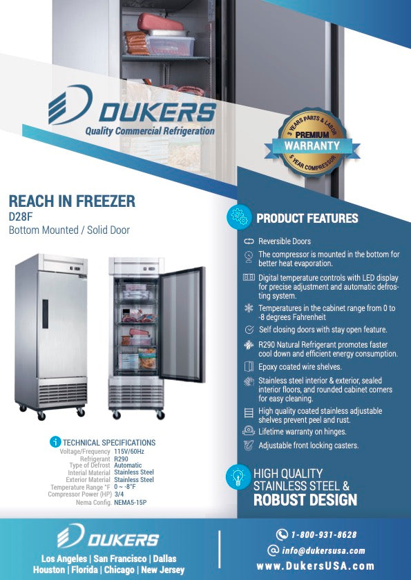 New Dukers D28F Stainless Steel Single Solid Door Commercial Reach-in Freezer