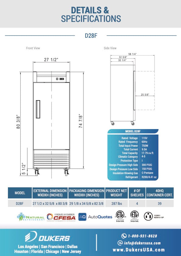 New Dukers D28F Stainless Steel Single Solid Door Commercial Reach-in Freezer