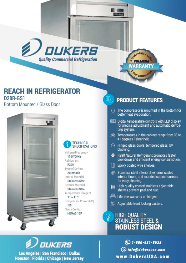 New Dukers D28R-GS1 Bottom Mount Glass Single Door Commercial Reach-in Refrigerator