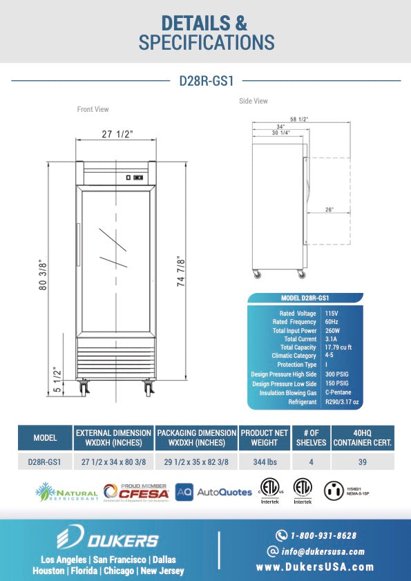 New Dukers D28R-GS1 Bottom Mount Glass Single Door Commercial Reach-in Refrigerator