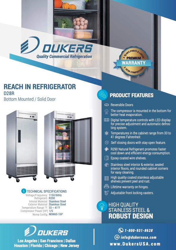 New Dukers D28R Stainless Steel Single Solid Door Commercial Reach-in Refrigerator