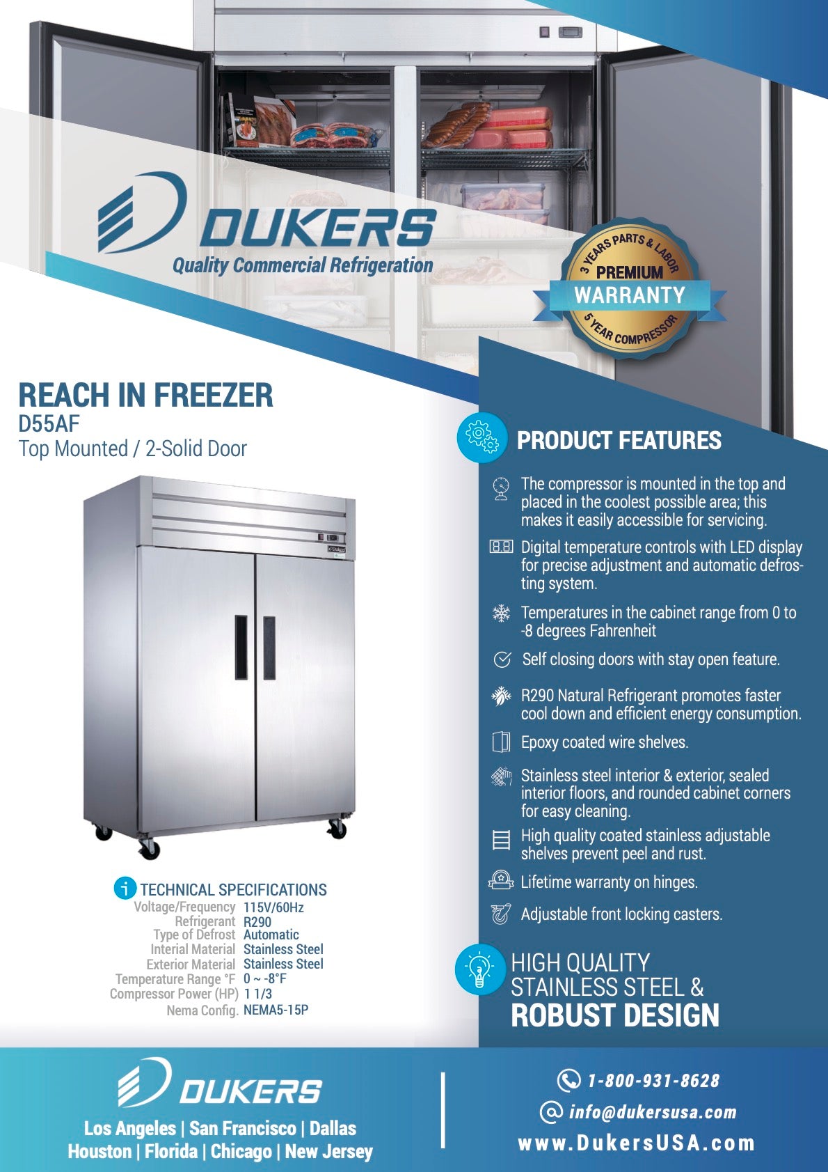New Dukers D55AF  Stainless Steel Commercial Solid 2-Door Top Mount Freezer