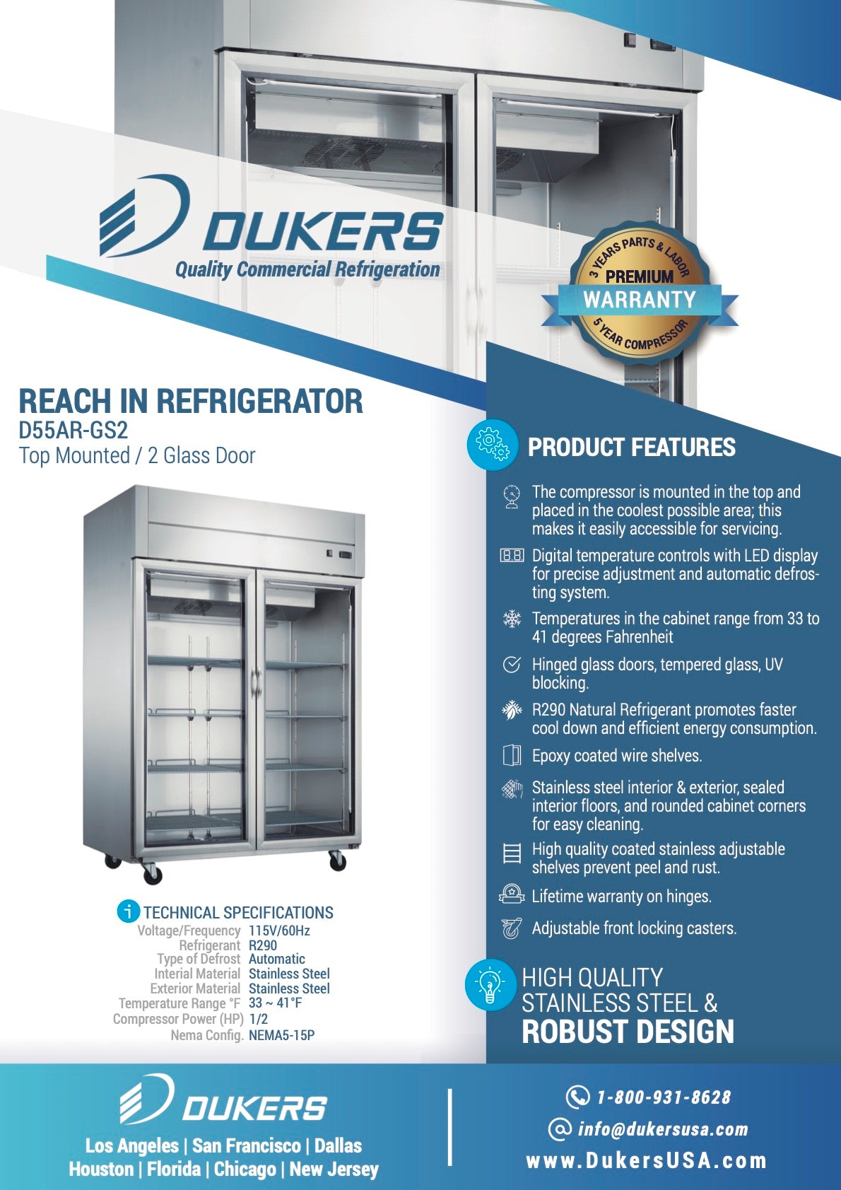 New Dukers D55AR-GS2 Top Mount Glass 2-Door Commercial Reach-in Refrigerator