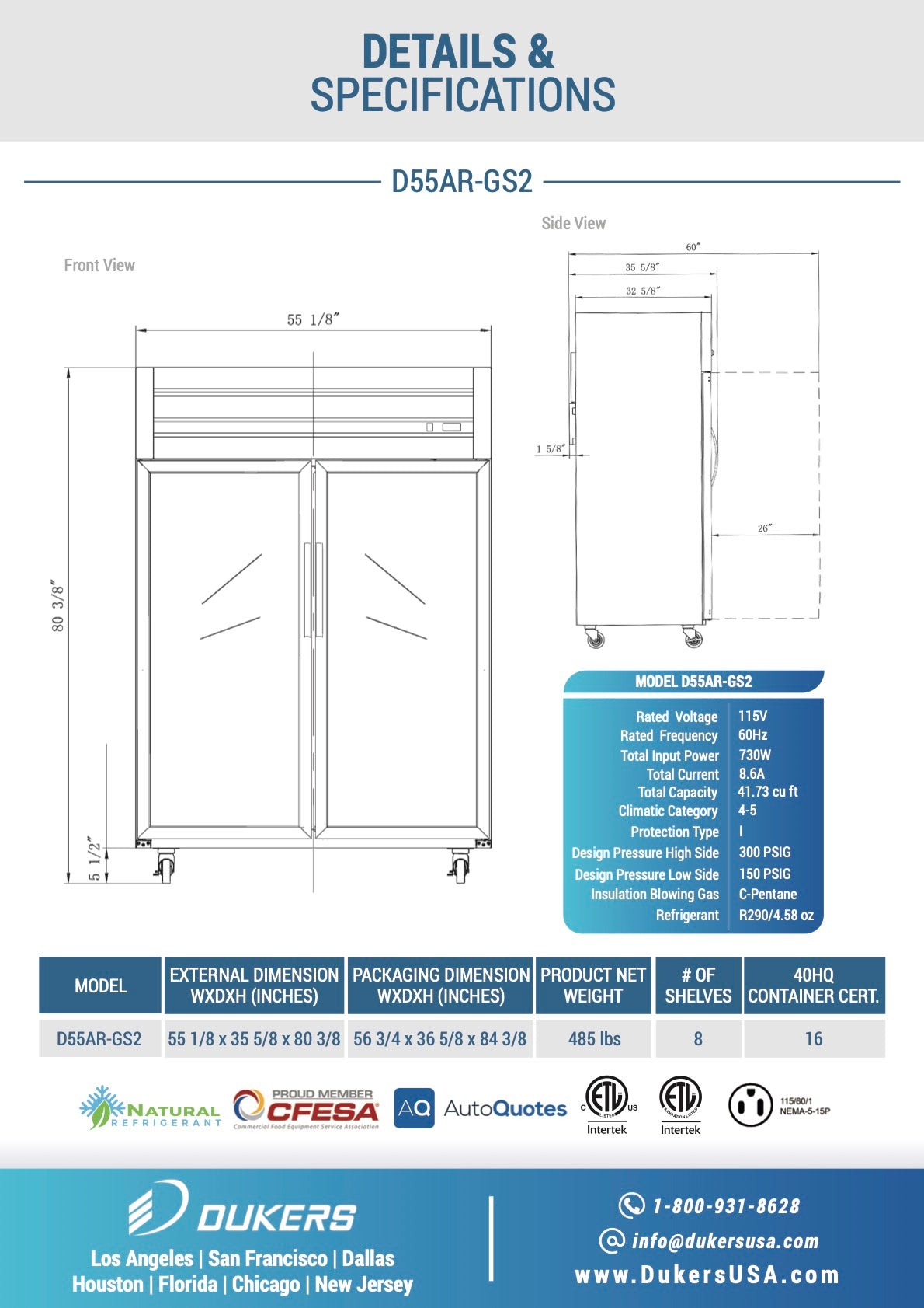 New Dukers D55AR-GS2 Top Mount Glass 2-Door Commercial Reach-in Refrigerator