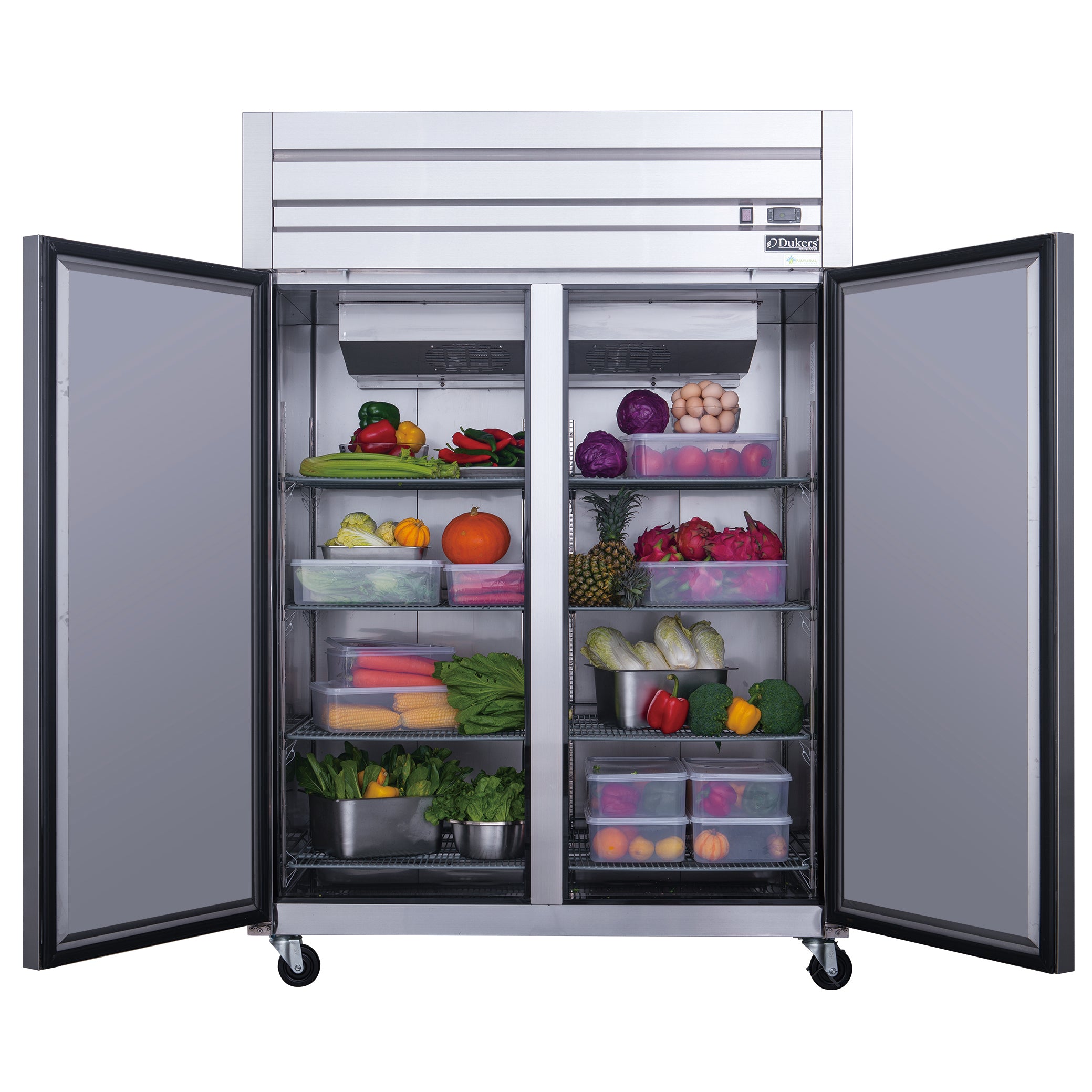 New Dukers D55AR Commercial Solid 2-Door Top Mount Refrigerator in Stainless Steel