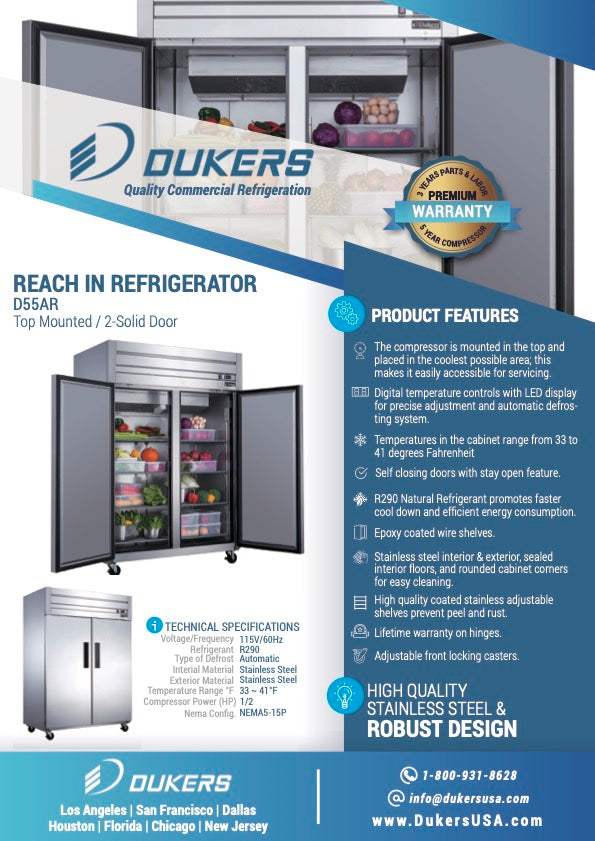 New Dukers D55AR Commercial Solid 2-Door Top Mount Refrigerator in Stainless Steel