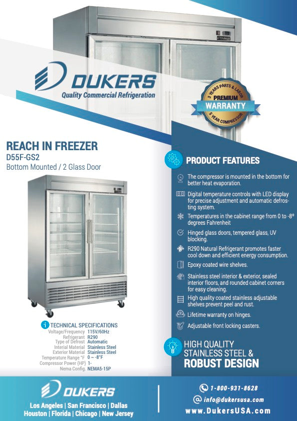 New Dukers D55F-GS2 Bottom Mount Glass 2-Door Commercial Reach-in Freezer