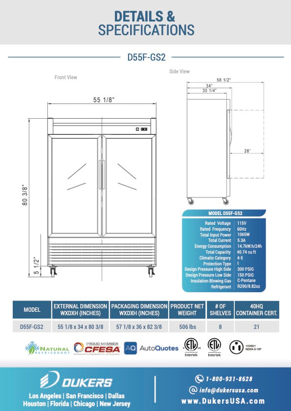 New Dukers D55F-GS2 Bottom Mount Glass 2-Door Commercial Reach-in Freezer