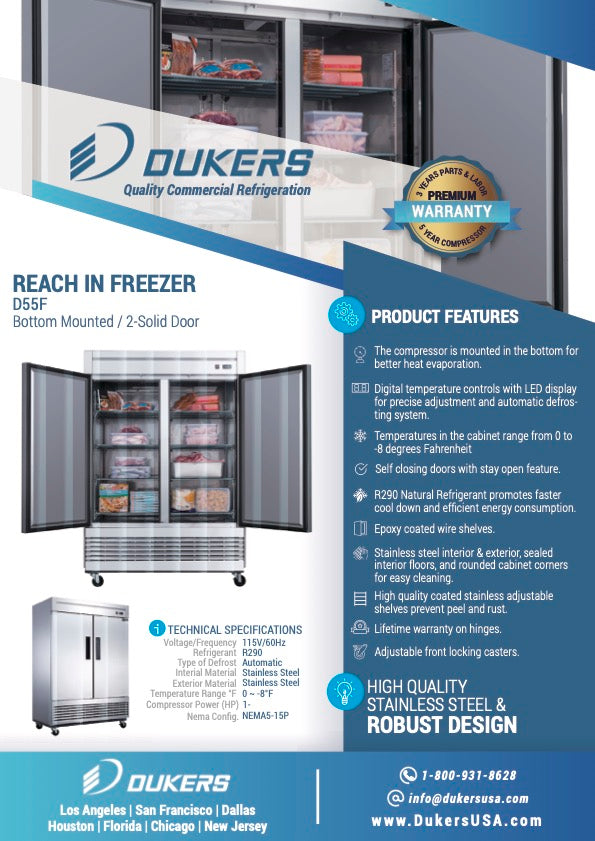 New Dukers D55F Stainless Steel Solid 2-Door Commercial Reach-in Freezer