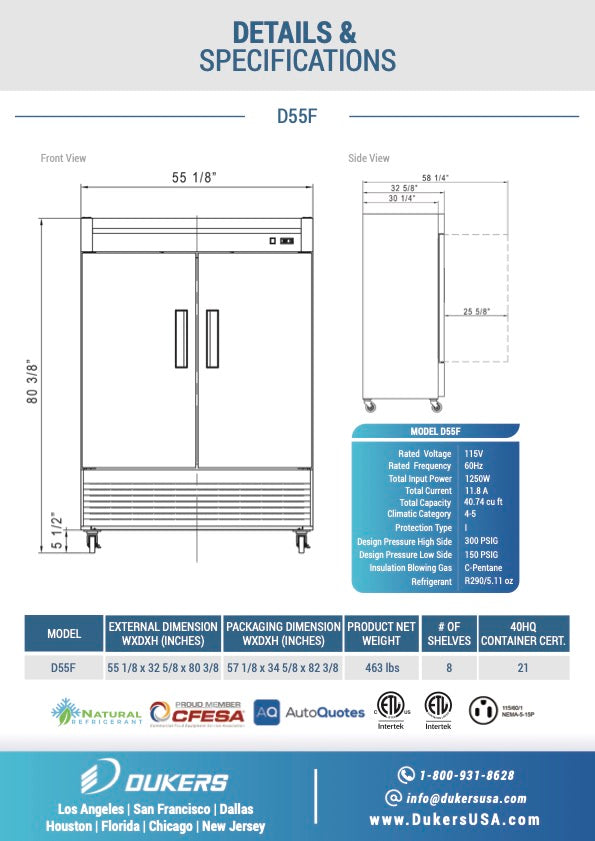 New Dukers D55F Stainless Steel Solid 2-Door Commercial Reach-in Freezer