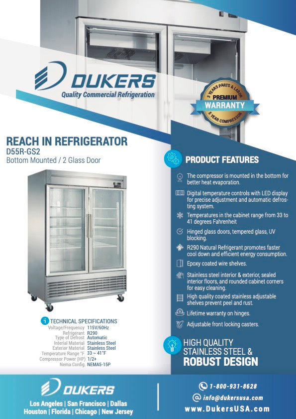 New Dukers D55R-GS2 Bottom Mount Glass 2-Door Commercial Reach-in Refrigerator
